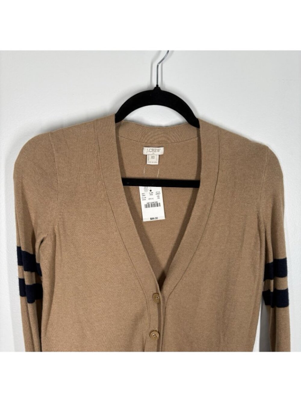 J.Crew Factory Women XS Camel Navy Merino Wool Blend Preppy Varsity Cardigan NWT - Picture 4 of 11